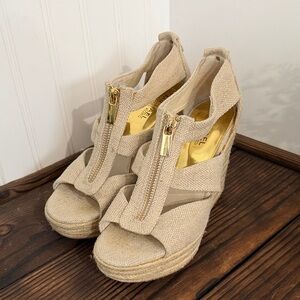 Michael Kors Beige Wedge Espadrille Sandals with Gold Zipper